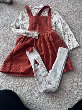 Rust Corduroy Pinafore Dress with Floral Top and Tights